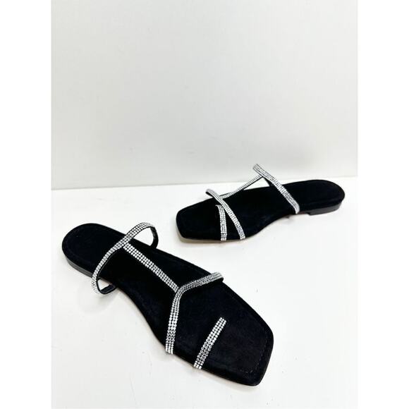 Lafayette 148 New York Sandals Size 7.5US Black Leather Rhinestone Slip‎ On Shoe - Picture 5 of 10